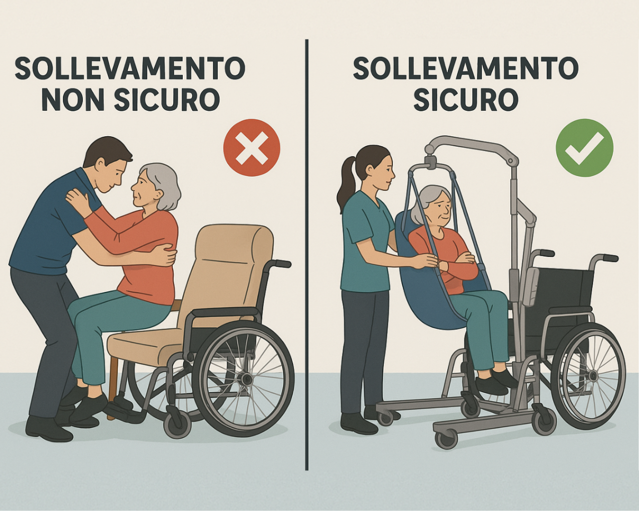 L'immagine rappresenta la differenza tra un sollevamento sicuro e uno no