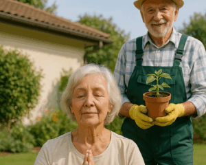 l'immagine rappresenta una signora anziana che fa yoga e un signore anziano che fa giardinaggio 