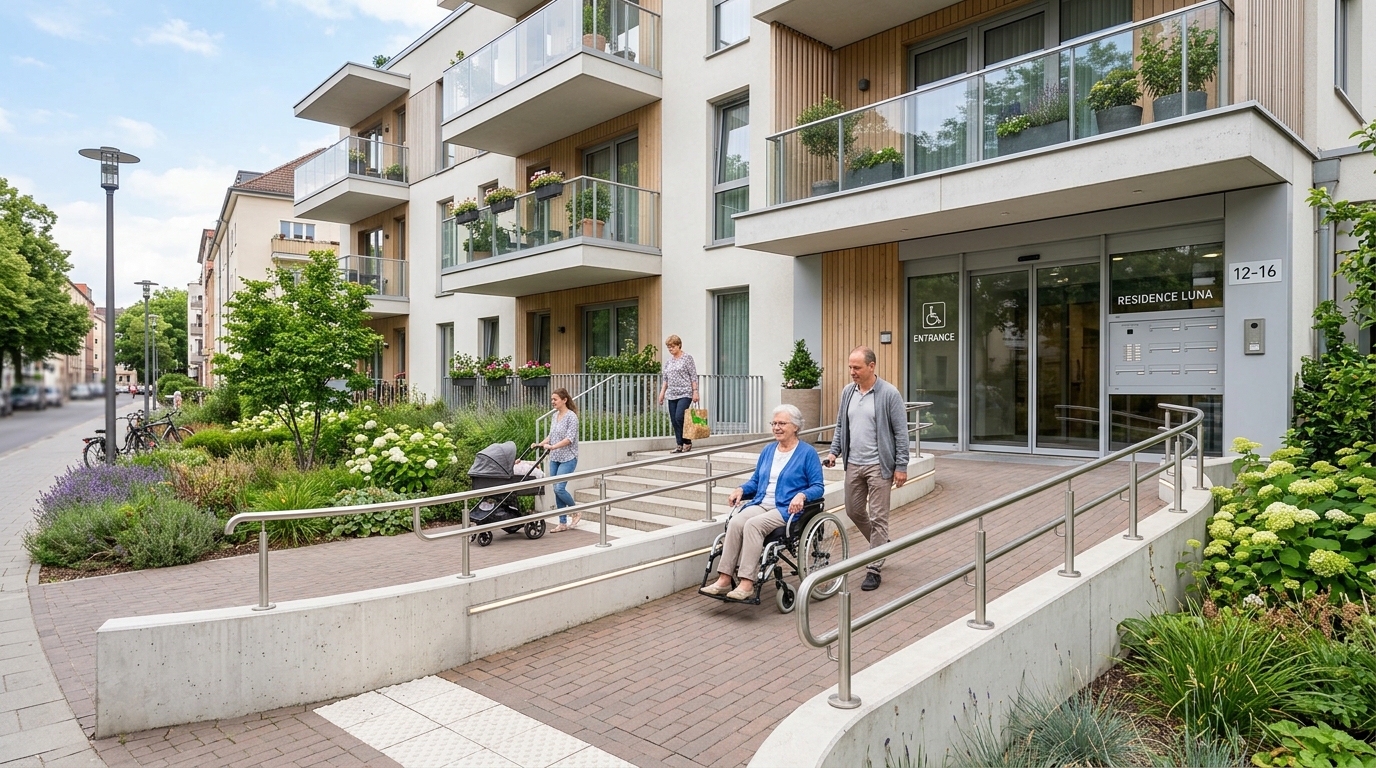 Edificio residenziale moderno con rampa priva di barriere architettoniche, esempio di case accessibili in UE