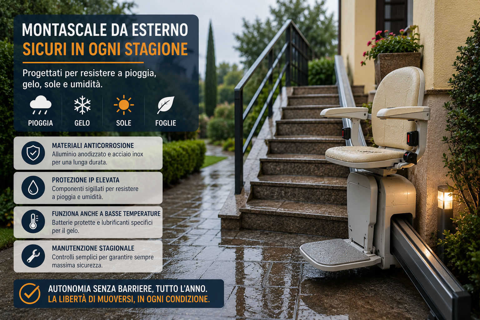 Montascale da esterno resistente a pioggia e agenti atmosferici installato su una scala esterna