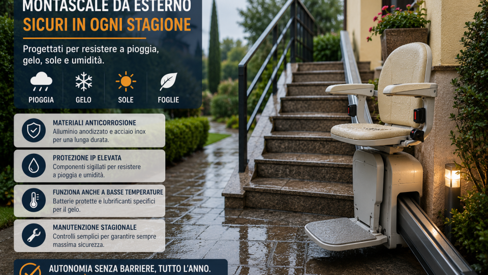 Montascale da esterno resistente a pioggia e agenti atmosferici installato su una scala esterna