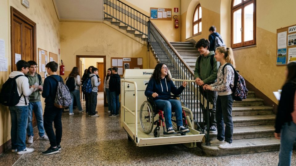 Studentessa in carrozzina su servoscala a pedana all'interno di una scuola italiana